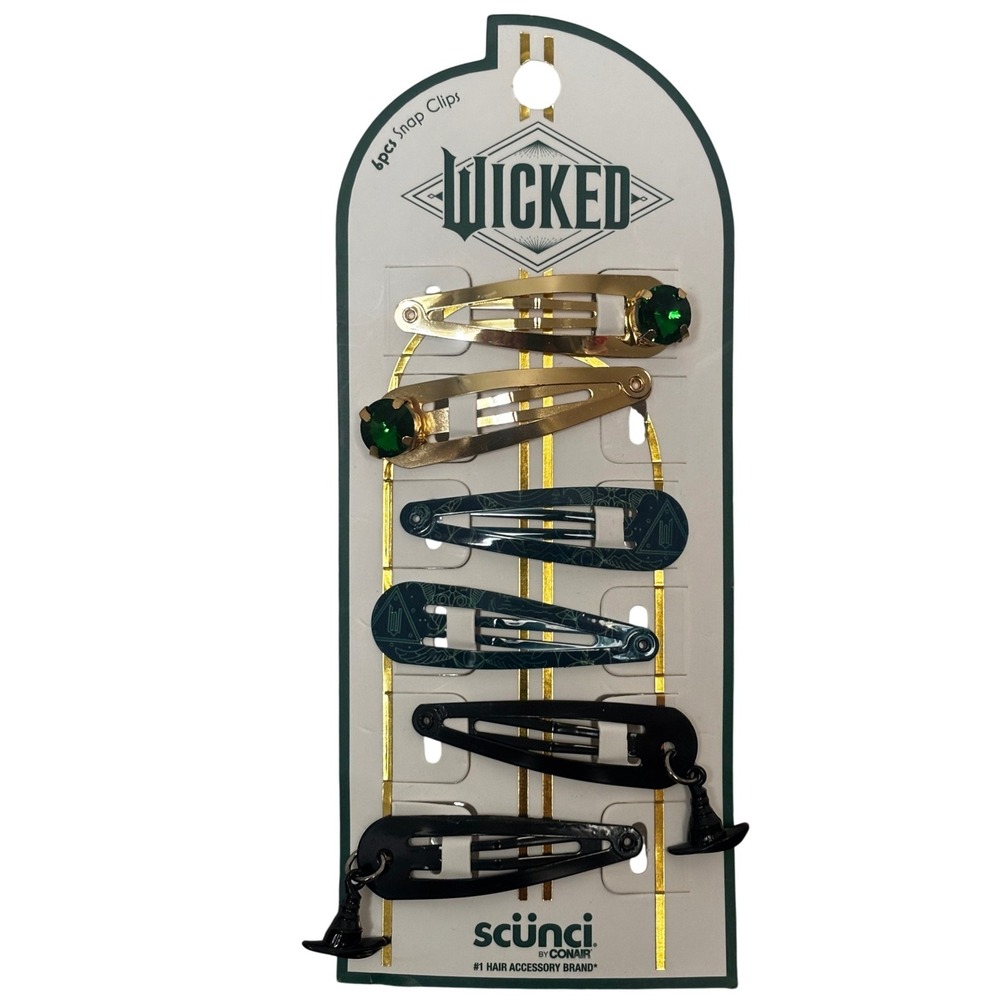 Scunci Wicked Movie Snap Hair Clips 6pc Set Gold Green Gem Witch Hat Teal Black